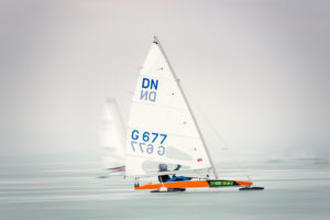 Ice sailing European championship on Lake Balaton in Hungary, ice-sailing at high speed on the way to the turning point Ice sailing European championship on Lake Balaton in Hungary, ice-sailing at high speed on the way to the turning point